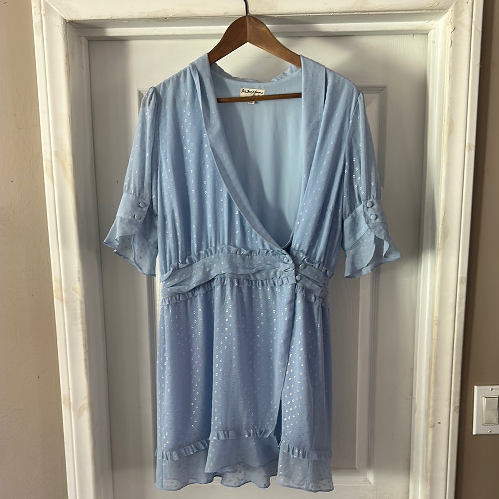 For Love And Lemons Blue Wrap Mini Dress with Ruffled Hem